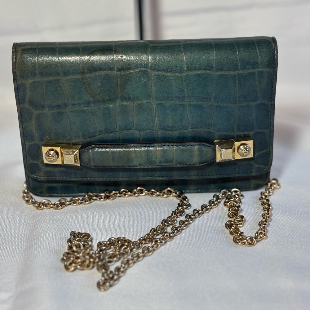 Henri Bendel Leather Crocodile Embossed Flap-Over Clutch Crossbody Chain Bag